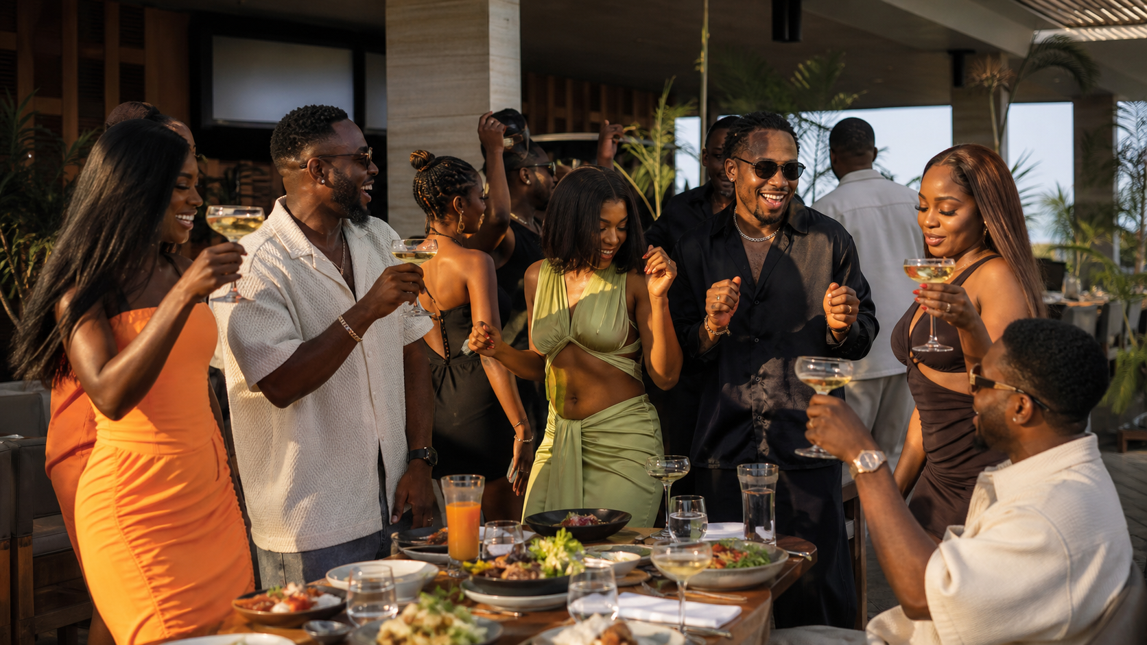 Stylish Nigerian guests dancing and raising champagne glasses around a KOVA brunch table